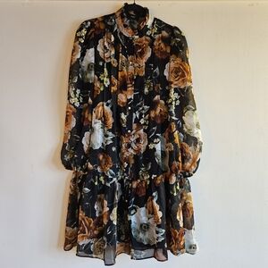 Maia Black Floral Ruffled Sheer Shirt Dress - Size 8